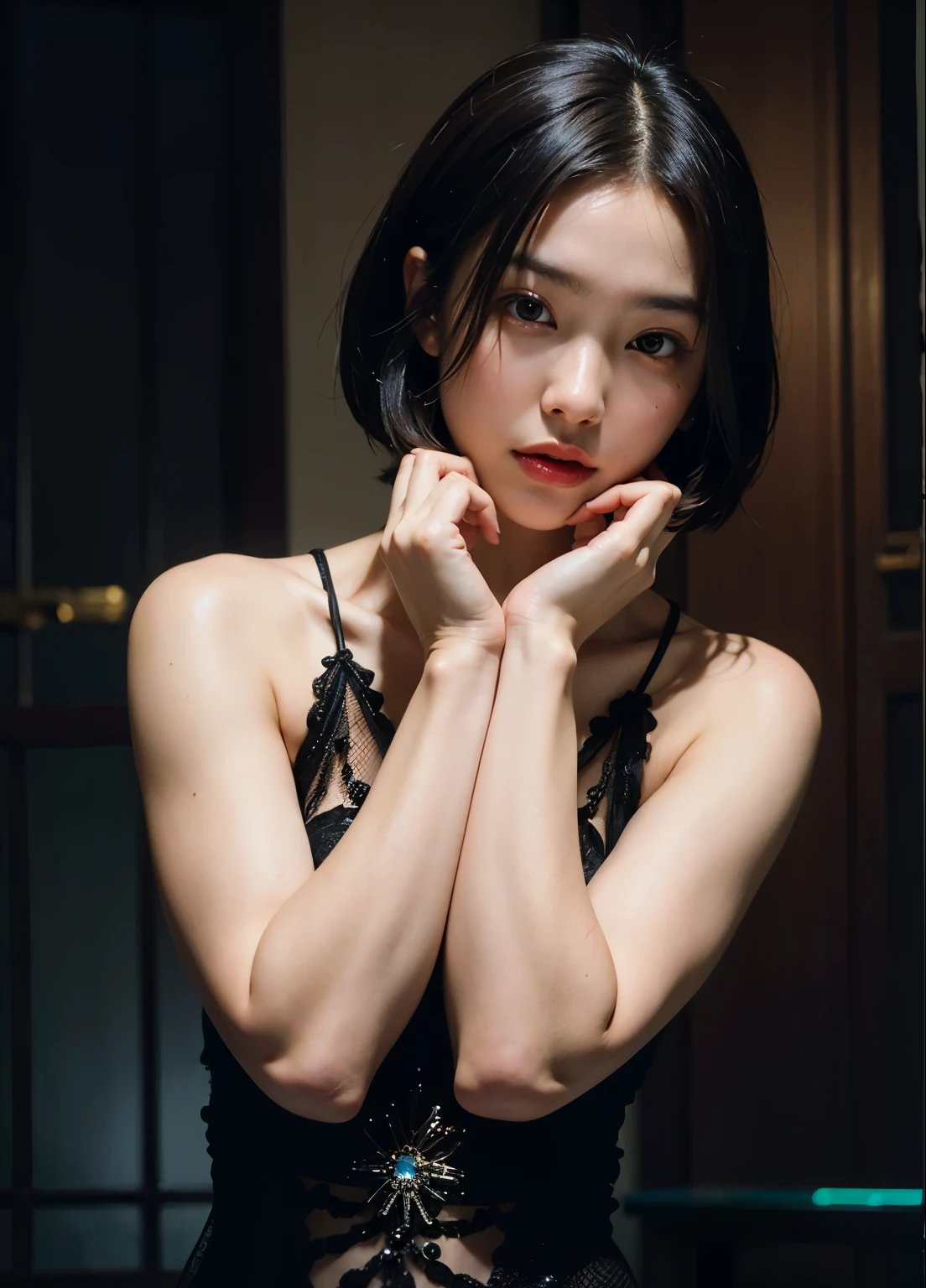 (masterpiece:1.2), (highest quality), high resolution, realistic, rabbit ears, black rabbit ears, fake rabbit ears, pantyhose, black pantyhose,bowtie, wrist cuffs, black leotard, casino,roulette table, poker chips, slot machine, chandelier, (8k, RAW photo, best quality, masterpiece:1.2), (realistic, photo-realistic:1.4), (extremely detailed 8k wallpaper), (Photo of a beautiful Japanese idol 12 years old woman:1.2), ((upper body:1.3)), (((Very flat chest:1.4))), ((Baby Face)), (((sweaty armpits))), Armpit depression, ((((Dimpled Armpits)))), ((((Deeply wrinkled armpits)))), ((((Armpit pores))))