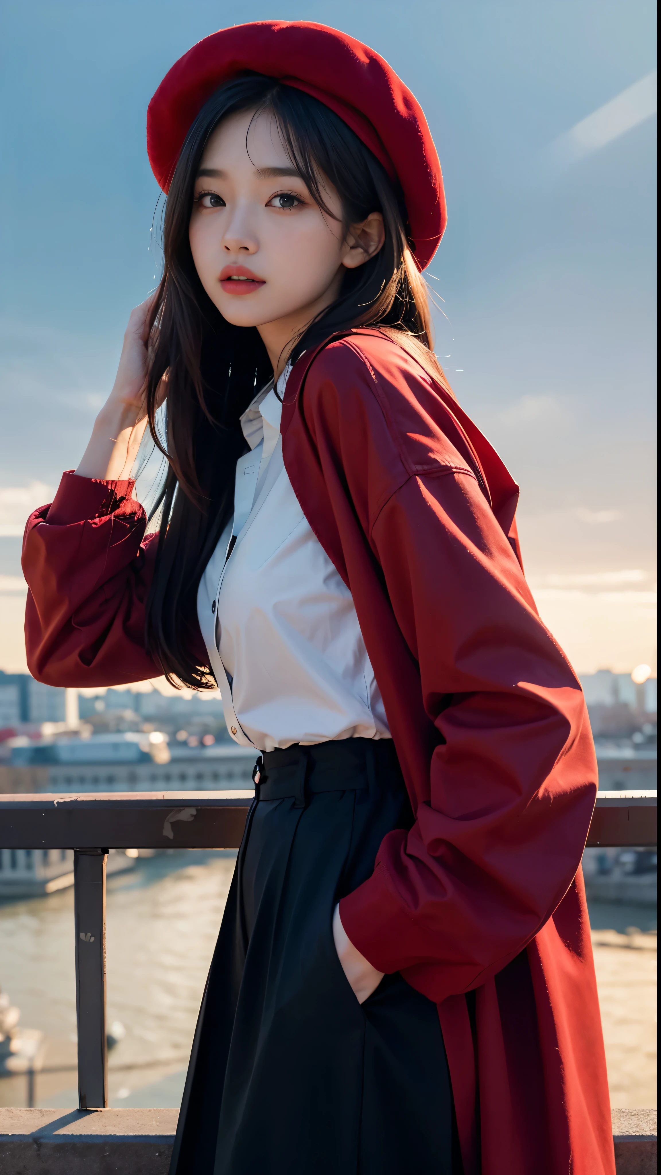(Realistic:0.2)、with high definition images、1 girl、Red coat、big red hat、Paris、France、SFW、Black trousers、Black office shirt、Carmen San Diego、Blue sky、Long Hair、Dramatic Lightning、Light、Magnificent Light、Light on face、Backlight、face light、Lit face、fill lamp、Fill Light、(masterpiece)、 It features a girl standing in the center of Paris, France.。Red coatとbig red hatを身に着け、Adds a playful touch to your outfit。The setting sun paints the sky blue、A calm atmosphere, yet