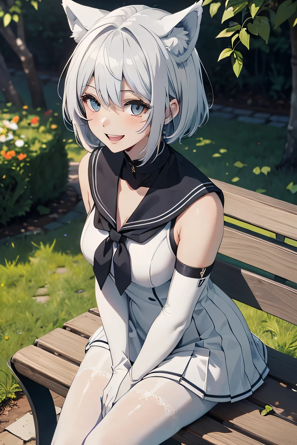 Tabletop high resolution Best image quality 8k Adult female Portraiture White long gloves(Elbow Gloves) White Pantyhose Sailor suit(Sleeveless) White wolf ears short hair((Shortcuts)(Gray Hair)(Perm)(fluffy)) Eye color is blue Fascinating face((Laughter)(smile)(Open your mouth)) Sit on a bench garden