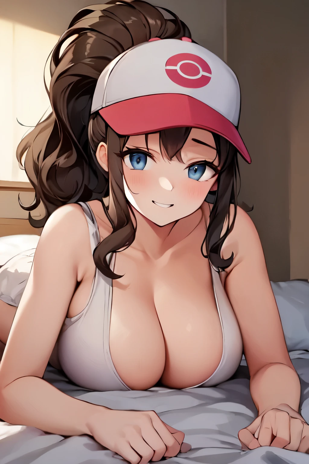 Masterpiece, high quality, solo, against the floor, against the floor, pushed to the ground, against the ground, ((laying on stomach)), pinned to the ground, pushed down, ((hilda pokemon)), baseball cap, white shirt, cleavage, huge breasts, seductive smile, short shorts, brown hair, high ponytail, ontop of viewer, in bed, laying ontop, pov, bedroom