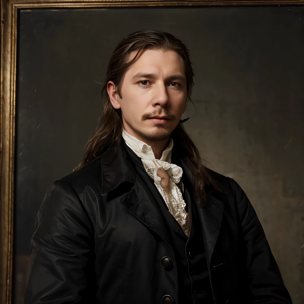 18th century american man, 18th century oil painting portrait, Young gary oldman, colonial american Young man, Moustache, long hair, oil painting filter, black and bordeau coat, cravat