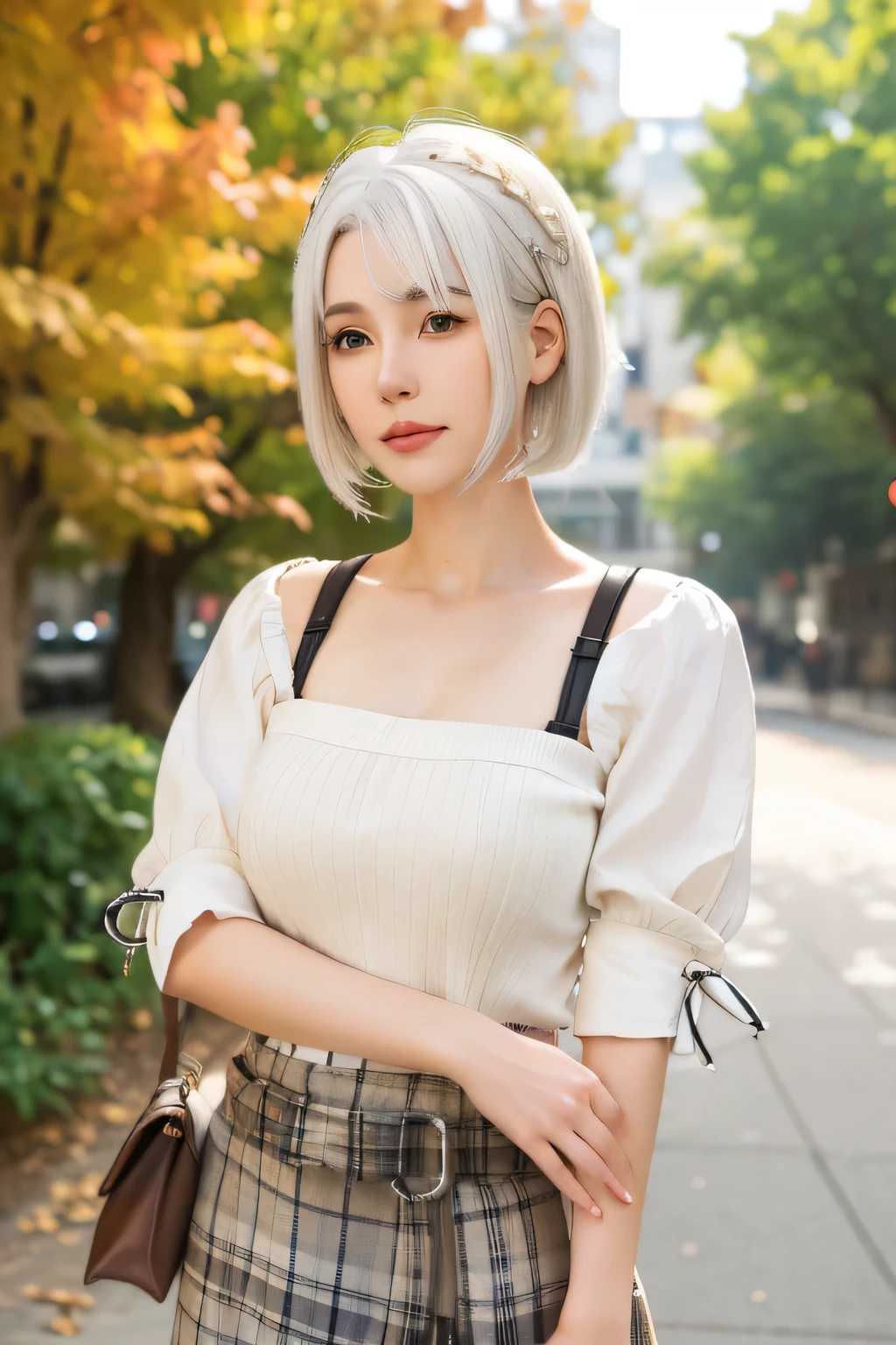 arafed woman with white hair and a plaid skirt and a brown bag, girl with short white hair, anime girl in real life, white hime cut hairstyle, with short bobbed white hair, perfect white haired girl, shikamimi, anime girl cosplay, girl with white hair, silver hair girl, white haired lady, white haired, white-haired