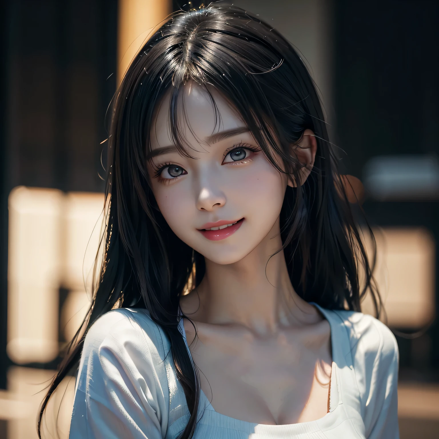 {Masterpiece, highest quality, 8k resolution, Ultra fine, Sharp focus, Depth of written boundary, Cinematic Lighting, Realistic Shadows}, Ultra-realistic, Beautiful girl with long black hair, Facing forward, smile, happiness, Pastel colored clothes