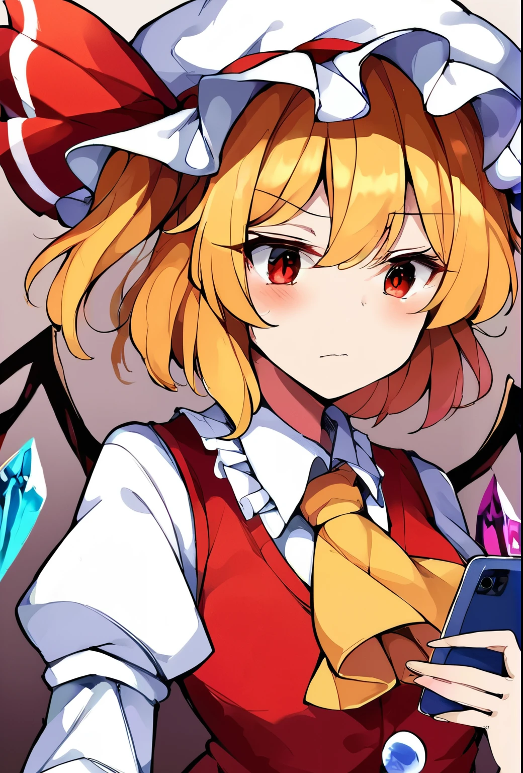 source_anime, (2d), score_9, score_8_up, score_7_up, score_6_up, score_5_up, score_4_up, solo, 1girl, standing, holding phone, looking at phone, :o, flandre_scarlet_touhou, blonde_hair, wings, red_eyes, crystal, bangs, hat, one_side_up, ribbon, mob_cap, bow, blush, smile, vest, white_headwear, red_vest, ascot, hair_between_eyes, red_bow, red_ribbon, upper_body, hat_ribbon, yellow_ascot, short_hair, confused, raised eyebrow, cowboy shot