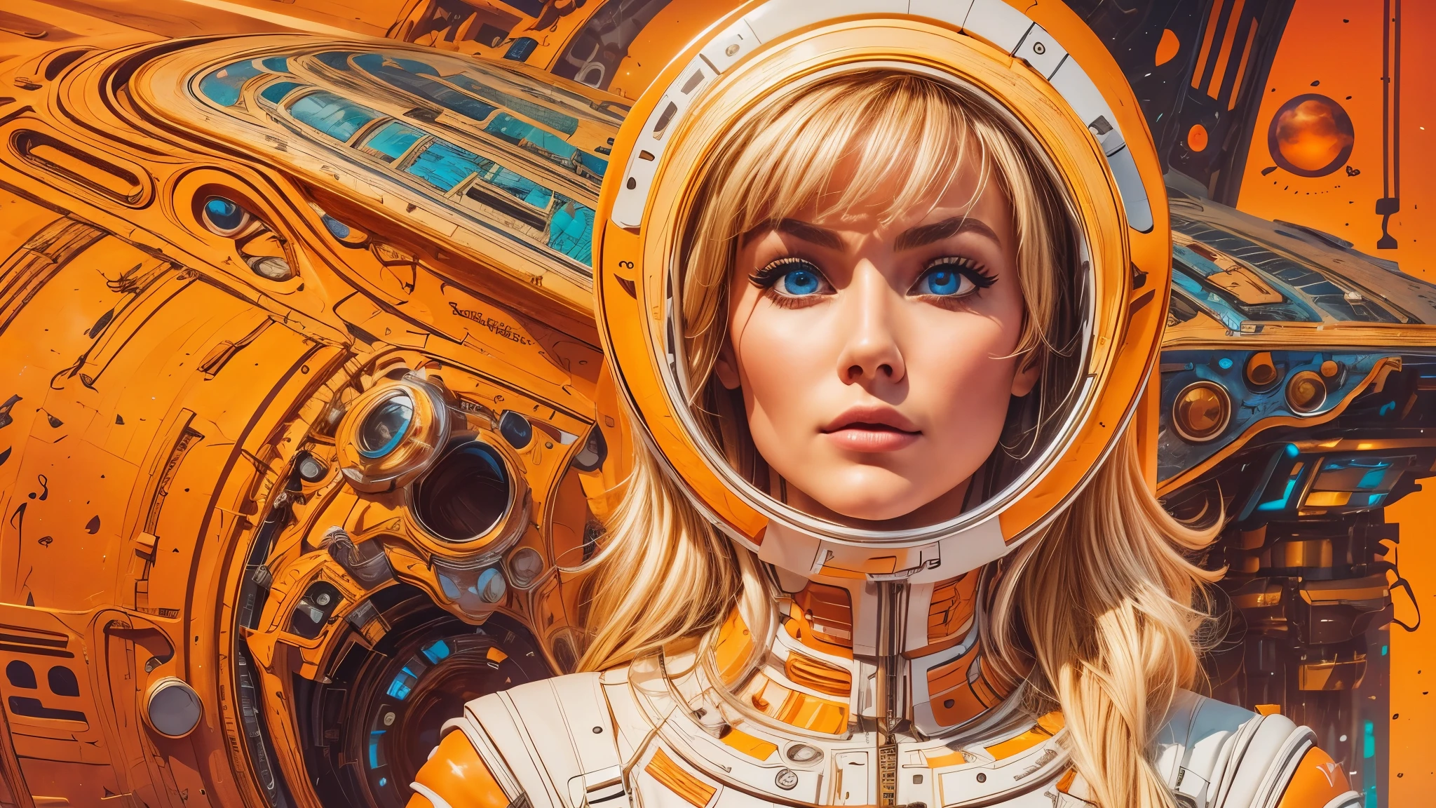 arafed image of a white woman in a futuristic suit with a spaceship in the background, movie art, in front of an orange background, inspired by Robert McGinnis, female protagonist, megastructure in the background, portrait of an ai astronaut, astronauts, an astronaut, portrait of a astronaut skeletor, perfect android girl, detailed eyes, perfectly detailed teeth, frank franzzeta and sakimichan  
