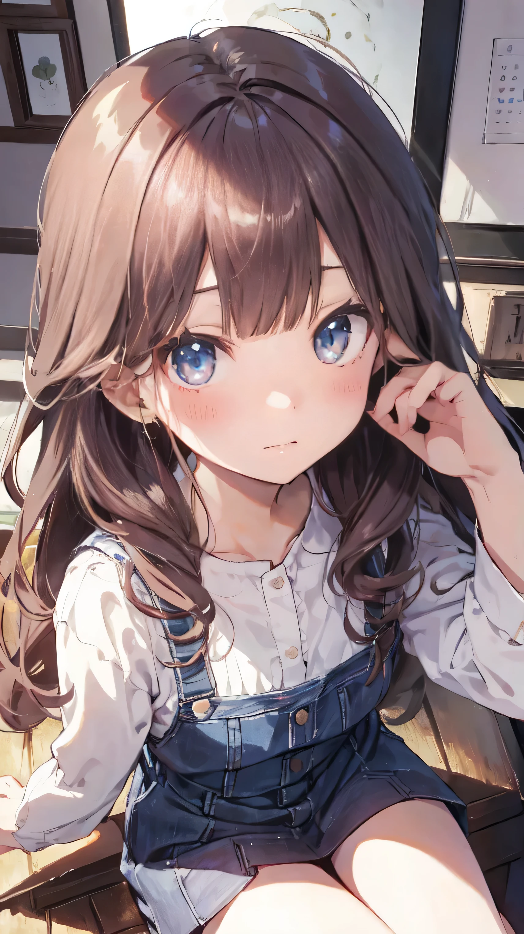 Masterpiece、Highest quality、highest quality、(((Lori)))、 ((Embarrassed))、Shiny hair quality、Small face、Sitting、Super detailed, beautiful, wide eyes、Ultra-detailed, clear and beautiful faces、(cute illustration:1.2), High-resolution, ultra-detailed, best quality, embarrassed