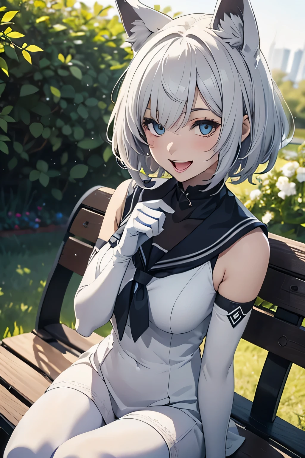 Tabletop　high resolution　Best image quality　8k　 Adult female　Portraiture　White long gloves（Elbow Gloves）　White Pantyhose　Sailor suit（Sleeveless）　White wolf ears　short hair（（Shortcuts）（Gray Hair）（Perm）（fluffy））　Eye color is blue　Fascinating face（（Laughter）（smile）（Open your mouth））　Sit on a bench　garden　