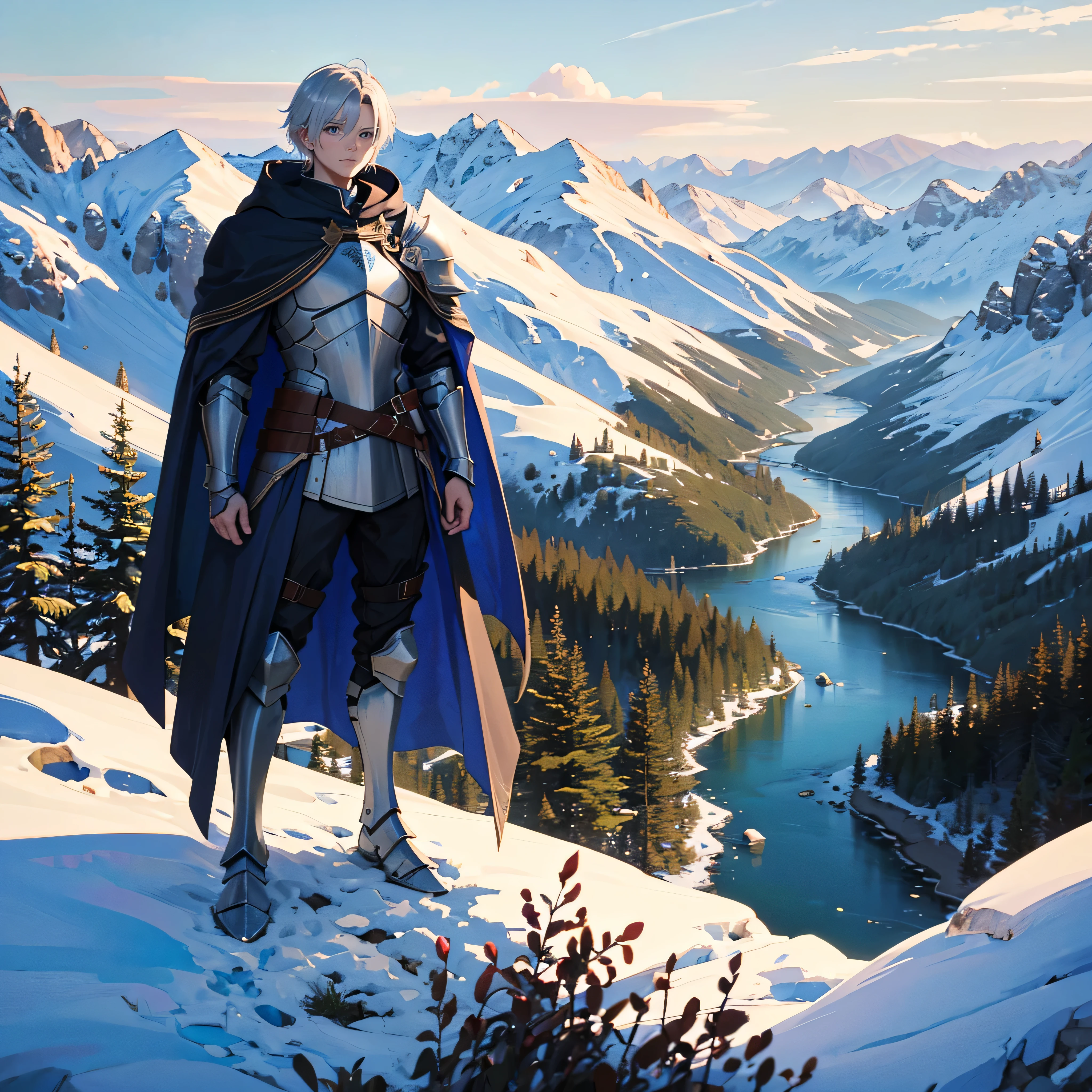 ((best quality)), ((masterpiece)), (detailed), perfect face, knight, short silver hair 'the hair runs from right to left', body skinny and slightly athletic, skin color pale white, eye color silver, age 18-25, height 183 cm / 6 feet, weight 57 kg / 126 lbs, He wears a silver armor which hugs his body frame, he has a long dark blue cloak attached to his armor on his back, clothes under the armor are black and baggy, he doesn't wear a helmet. The landscape behind him looks majestic with a long river that follows the coniferous forest road while further away are snowy mountains. He stands middle of the image looking at the viewer.