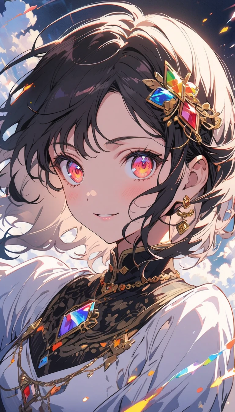1Girl, Diamond decoration, Diamond in the rough background,(Diamond jewel), Mysterious,Beautiful gemstone background、Jewelry decoration、 BREAK,(Top Quality, Masterpiece, High Resolution, Detail), Anime Style, Flat Style,dynamic angle, (Shining Eyes, Detailed Beautiful Face), BREAK,Anime