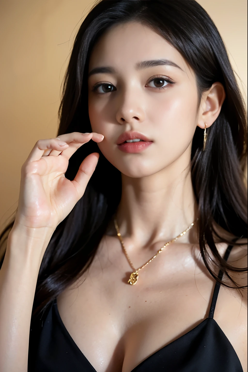 (masterpiece:1.3), (8 thousand, realistic, RAW photos, best quality: 1.4), (1 woman),(very y), (Beautiful makeover), (유난히 아름다운 realistic 얼굴), (Build a beautiful body) , (beautiful face), (beautiful face), (long eyelashes), (double eyelid), (realistic face), (black hair. parted, long hair:1.3), (아름다운 parted스타일), (realistic eyes), (really beautiful and delicate eyes), (realistic skin), (beautiful skin), (absurd), (attractive), (ultra high resolution), (extremely realistic), (very detailed), (golden ratio), (necklace), (earring), (So beautiful and sex