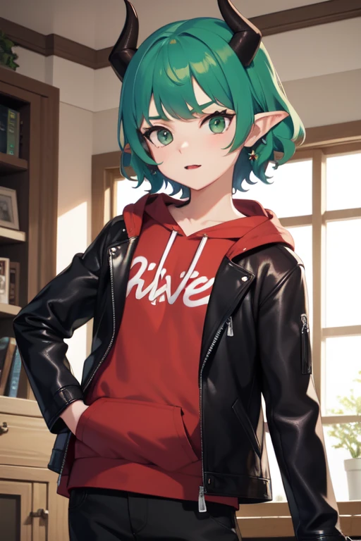 ((mejor calidad)), ((Obra maestra)), (detallado), cara perfecta,Superior Quality, Masterpiece: 1.2), 1 boy, horned, animated, green hair, rosy bangs, emerald eyes, horns, purple theme, gazing at the audience, hoodie, leather jacket, red shirt, pointed ears, little devil, solo, wearing a shirt, short curly hair.