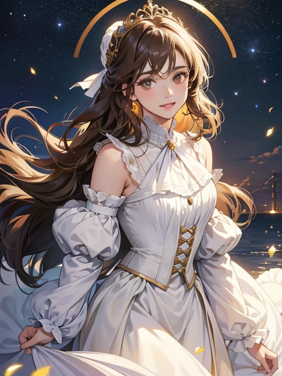 best quality, masterpiece, upper body,
(adult:1.6) hungarian woman, (smirk:0.4), arms behind head,
braided golden hair,
sparkling eyes,
victorian sundress,
 floating light particles, centered, --auto --s2