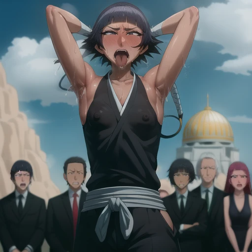 (Super delicate skin),(Ahegao), (flat chest:1.4), (The nipples can be seen through the clothes),(muscular:1.35),flirtatious, 1 female, solitary, Black flowing hair, eternal, Japanese clothing, No underwear,Small Breasts, No eyeballs, For the audience, Looking at the audience, tired, From below, (Exposed armpit:1.1), ((armpit:1.2)), Sexy pose, （sweat）,（More and more sweat）,(Ahegao), (Roll your eyes), Naughty face, blush, open mouth, Sticking out tongue, saliva, Slobber，Runny nose，Sloppy person,Skinny