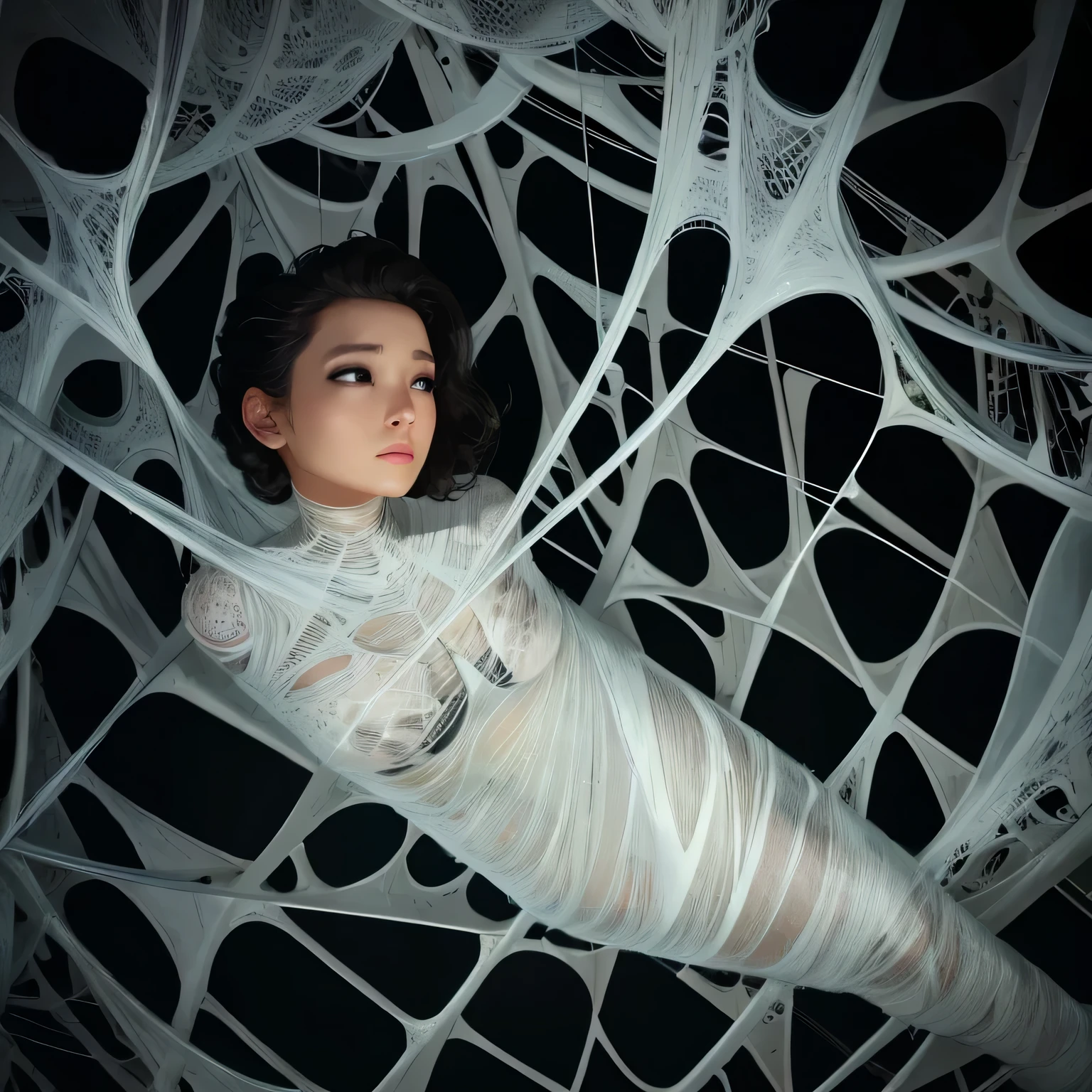 a woman trapped in the spider web, spider web, cocoon, gr3ysh33r,