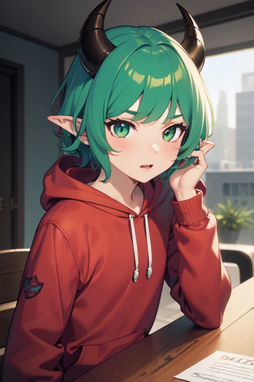 ((mejor calidad)), ((Obra maestra)), (detallado), cara perfecta,Superior Quality, Masterpiece: 1.2), 1 boy, horned, animated, green hair, rosy bangs, emerald eyes, horns, purple theme, gazing at the audience, hoodie, leather jacket, red shirt, pointed ears, little devil, solo, wearing a shirt, short curly hair.