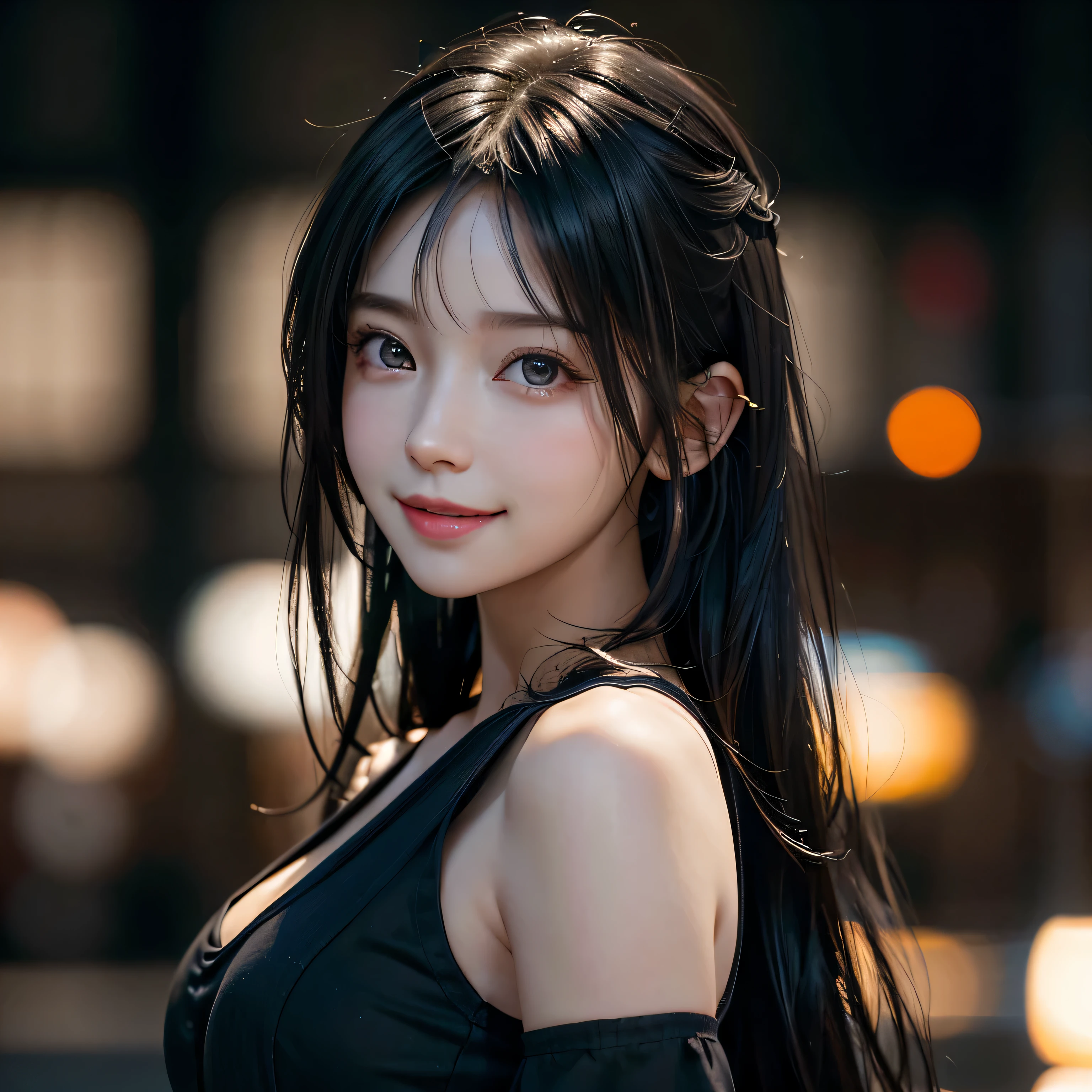{Masterpiece, highest quality, 8k resolution, Ultra fine, Sharp focus, Depth of written boundary, Cinematic Lighting, Realistic Shadows}, Ultra-realistic, Beautiful girl with long black hair, Facing forward, smile, happiness, Pastel colored clothes