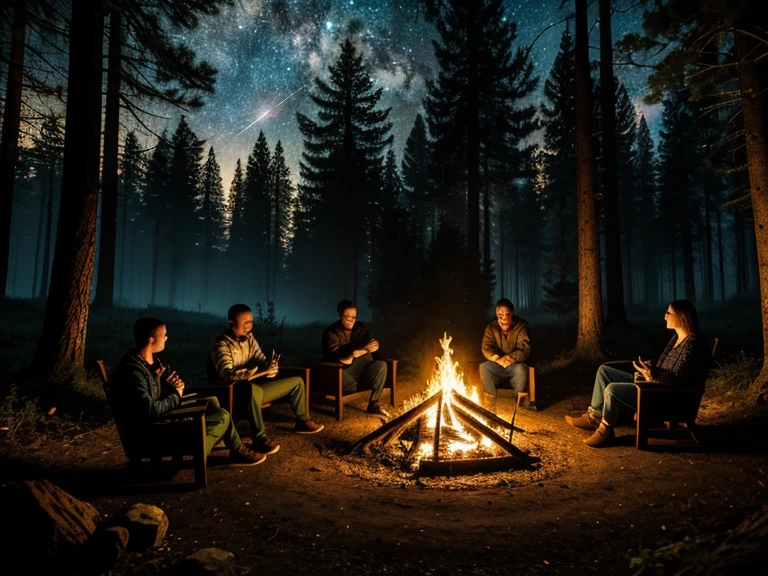 Friendly gatherings around the fire, Nighty night, Dense dark forest, Stars in the sky; many small environmental details, intricate details, high quality textures, High detail, realistic textures, natural light from the fire