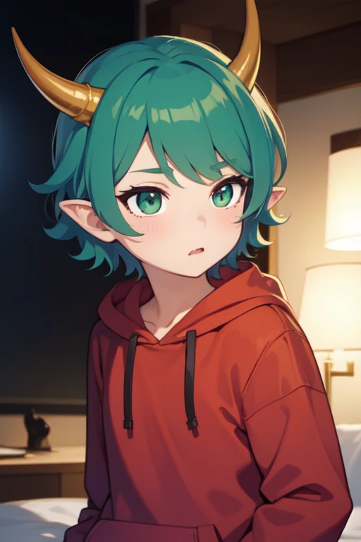 ((A cute boy)) green colored hair red eyes Elven ears Uplifted face Teary-eyed I was forced to take off my clothes barechested teats Bedrooms glares penis semen (standing split)