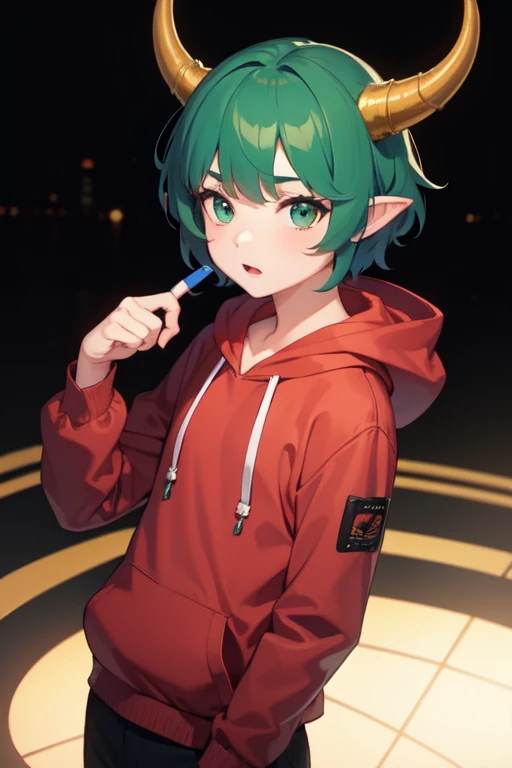 ((mejor calidad)), ((Obra maestra)), (detallado), cara perfecta,Superior Quality, Masterpiece: 1.2), 1 boy, horned, animated, green hair, rosy bangs, emerald eyes, horns, purple theme, gazing at the audience, hoodie, leather jacket, red shirt, pointed ears, little devil, solo, wearing a shirt, short curly hair.