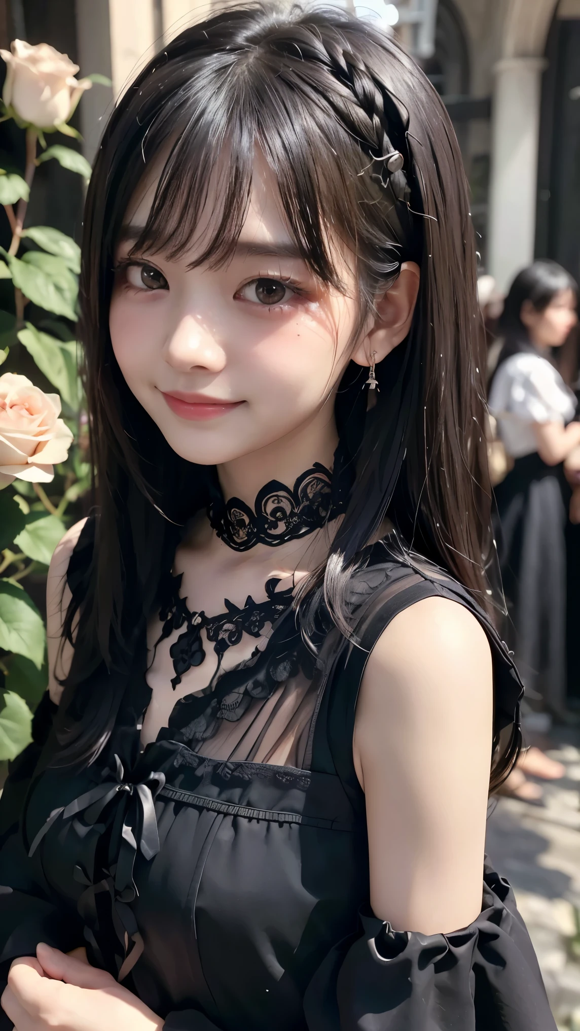 Surreal、Delicate and detailed line drawingasterpiece、highest quality、Highest quality、One Woman、(Black Hair、Hime cut, Long Hair:1.2)、Natural Makeup、Eyelash extensions、Sharply draw eyelashes、Orange teak、Grinning, showing some teeth、A little red cheeks、16-year-old female、Dark Rose Garden、Purple roses、(A gothic dress with a revealing chest:1.3)、(Blur the background:1.3)、(The subject is viewed from above:1.1)