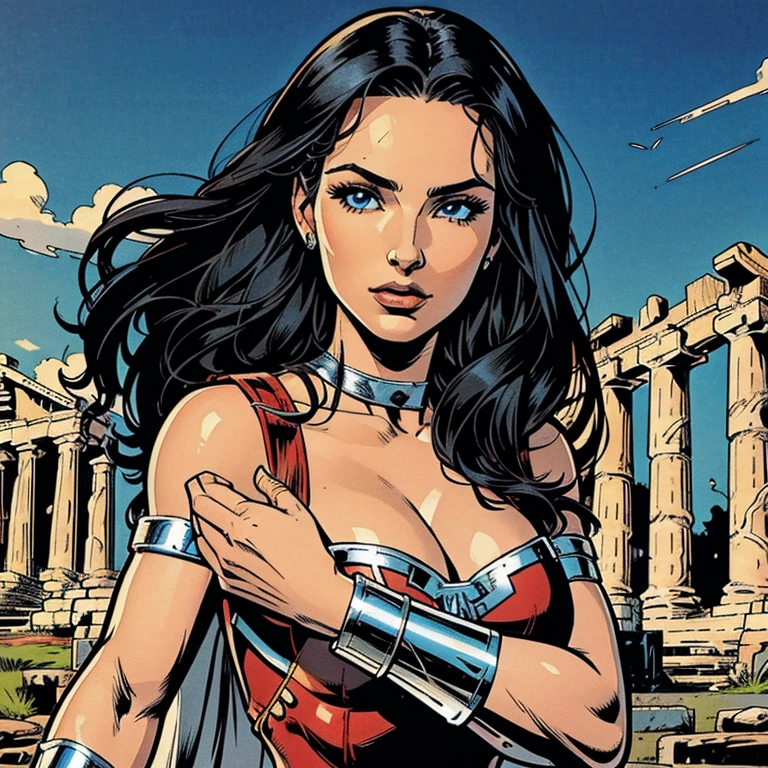 Draw a beautiful white woman, thirty years old, she is wearing a red greek armor, she wears platinum bracelets on her arms, she has a long black hair, she has beautiful eyes, her face is pretty, there is a greek temple behind her, very beutiful, ultra resolution, 4k, 8k, masterpiece, american comic book style