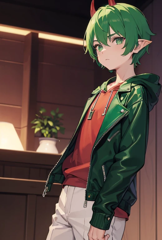 (Superior Quality, Masterpiece: 1.2), 1 boy, horned, animated, green hair, rosy bangs, emerald eyes, horns, purple theme, gazing at the audience, hoodie, leather jacket, red shirt, pointed ears, little devil, solo, wearing a shirt, short curly hair.