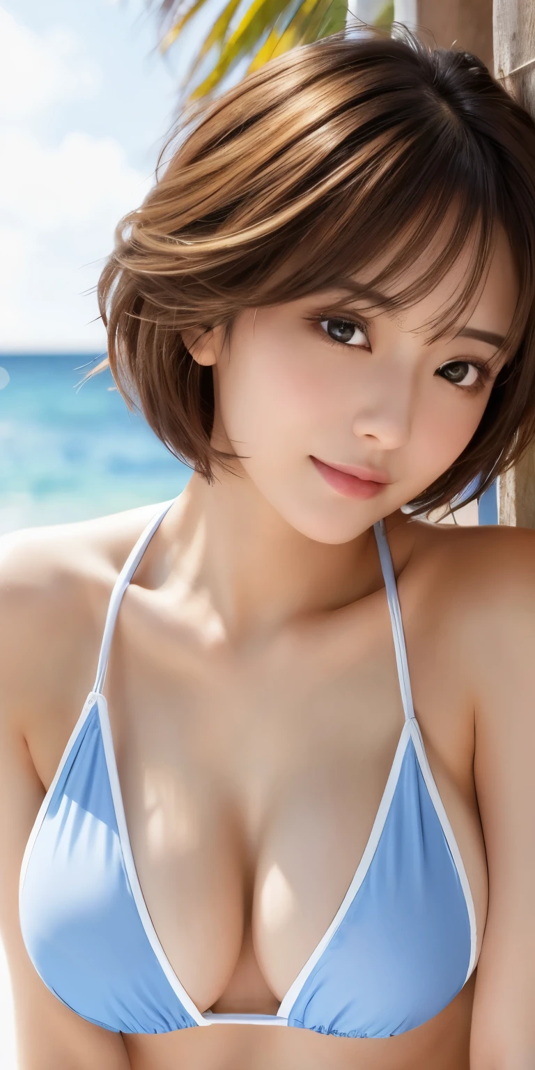 masterpiece、highest quality、High resolution、Tabletop、wallpaper、Realistic、Bright lighting、Professional Lighting、Face Light、Smooth lighting、Japanese women、Adult、Beautiful woman、action、gravure、sexy、so beautiful、Beautiful Skin、Beautiful and detailed、Detailed face、slim、moderately、short hair、Brunette colored hair、Brown eyes、Looking at the camera、big breasts、Cleavage、Swimwear、Tropical Beach