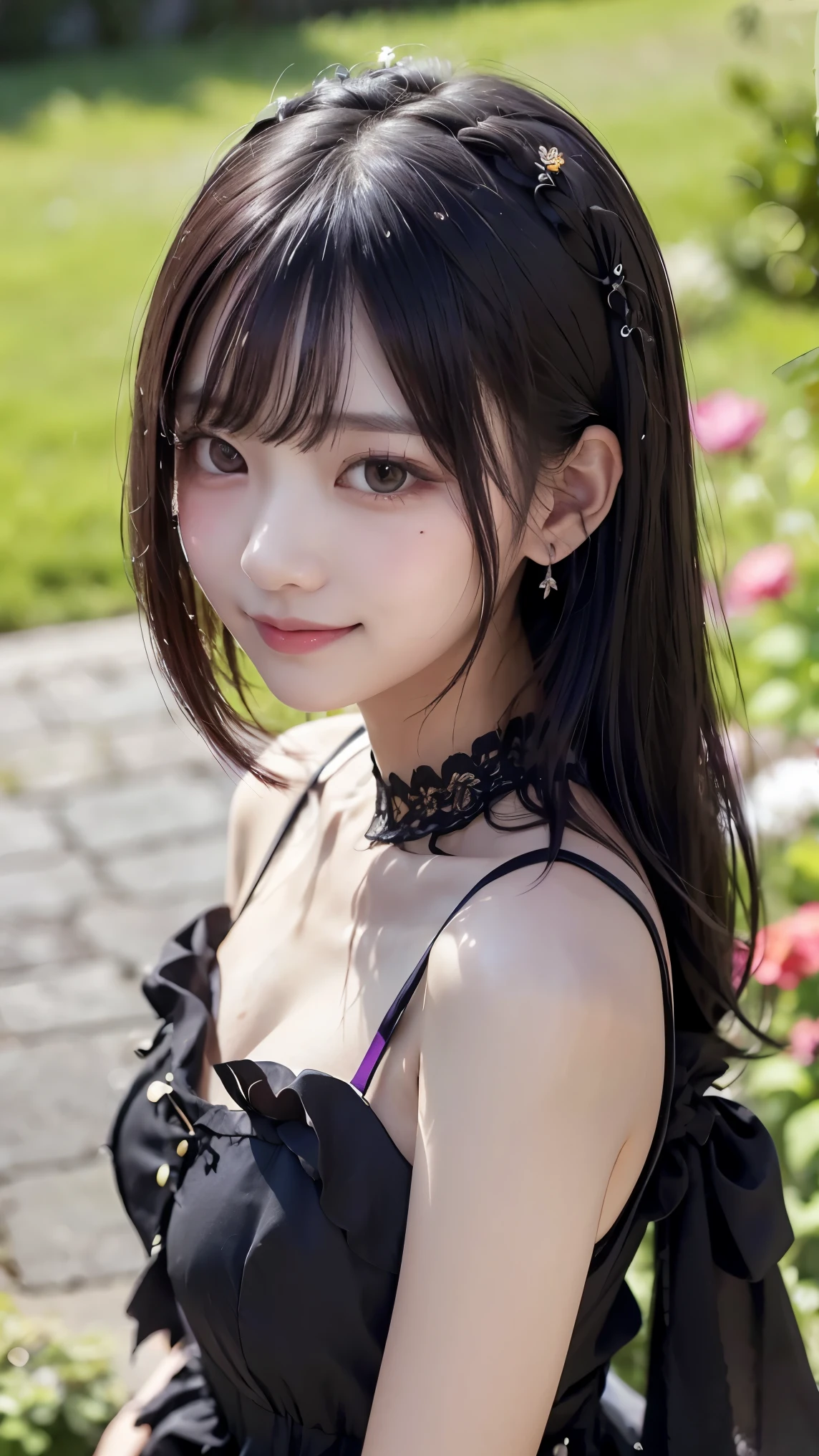 Surreal、Delicate and detailed line drawingasterpiece、highest quality、Highest quality、One Woman、(Black Hair、Hime cut, Long Hair:1.2)、Natural Makeup、Eyelash extensions、Sharply draw eyelashes、Orange teak、Grinning, showing some teeth、A little red cheeks、-yeld fee、Dark Rose Garden、Purple roses、(A gothic dress with a revealing chest:1.3)、(Blur the background:1.3)、(The subject is viewed from above:1.1)