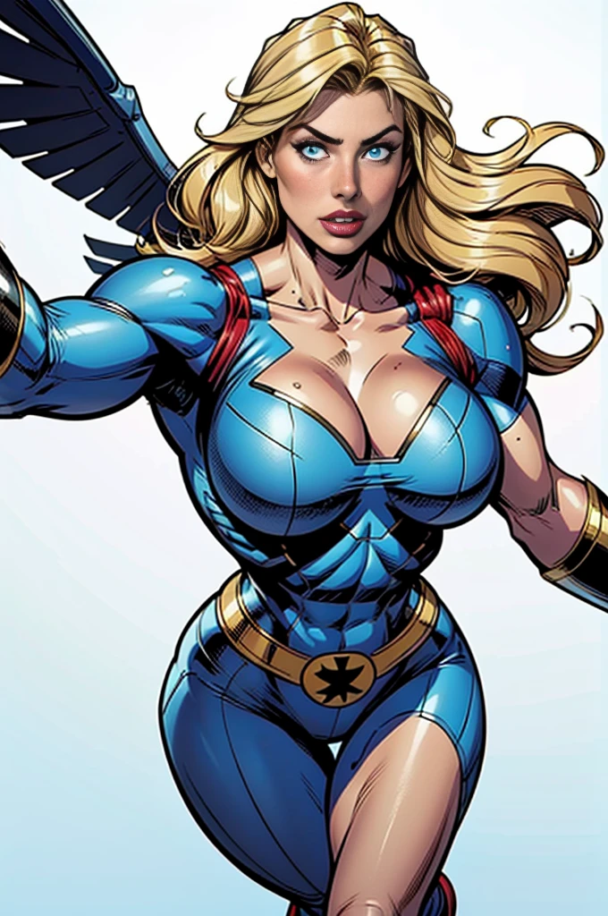 girl, blonde hair, light blue eyes, ((power girl)), comic book style, perfect legs, flying, simple background, white background, wide shot, 1080P, HD, 8k, 16k, best quality, highres, high quality, high details, super detail, anatomically correct, masterpiece