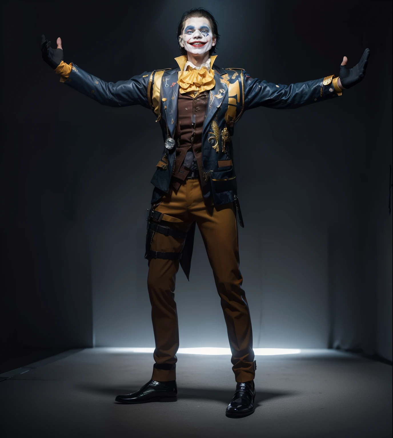 absolute redrawing absolute copy of the face laughs the face of the Joker in white gloves on his hands keep the gold colors keep the blue colors keep the black colors do not change Ultra quality 8K on the face of the joker's makeup save the orange diamonds on the jacket