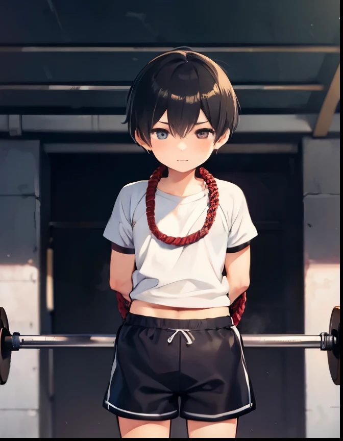 Boys shorts Hands tied behind back, restrained, short hair Rope left punishment full gym clothes