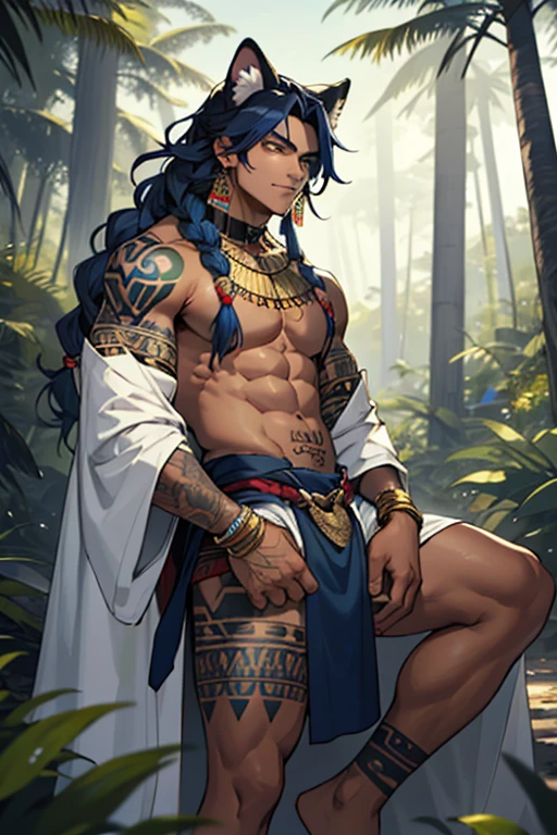 Male, dog person, blue, black, gold, tribal tattoos, fluffy dog tail, fluffy dog ears, very long hair, tribal clothes, dark blue hair, tan skin, gold eyes, tribal jewelry, wavy hair, thick hair, thick fur, slender, Aztec, Egyptian, Arabian, lots of jewelry, loin cloth, loose robe, draped fabric, colorful tattoos, lots of tattoos, braids, forest, clean shaven, big fluffy tail, leg tattoos