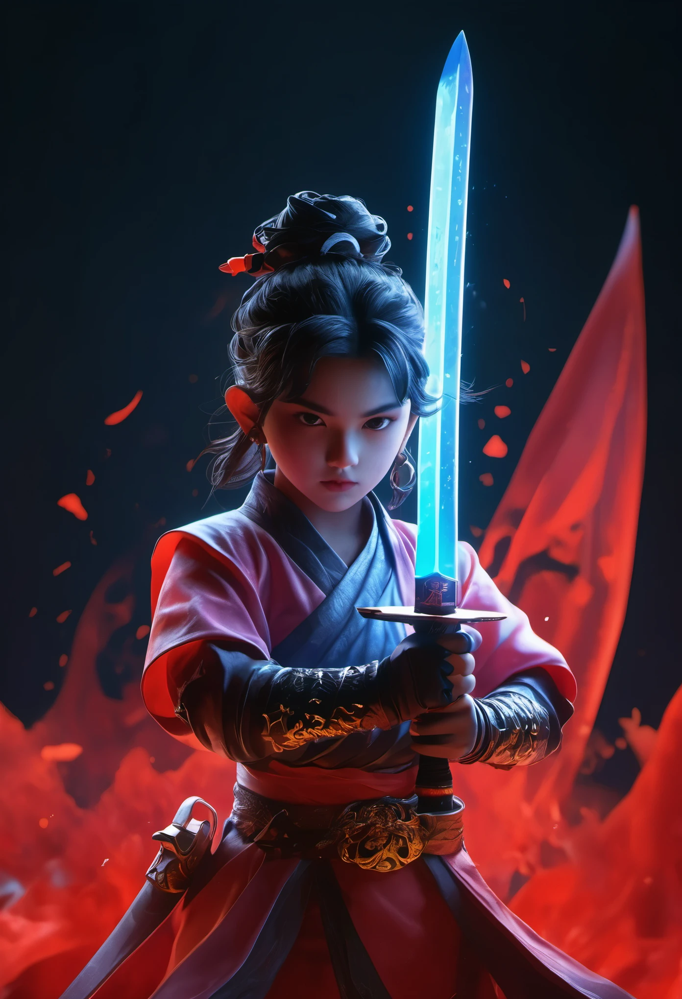 Ghost Swordsman,Dream colors,Best quality,UHD,HDR,high resolution,unreal engine 5,ultra-detailed,hyper realistic,depth of field,symmetrical composition,full body,low saturation,3D rendering,red and black tone,Skottie Young,Blacklight,Ice kingdom