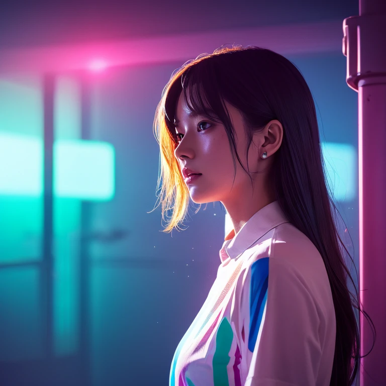 One girl, Colorful Themes, Synthwave Sky,(最high quality, high quality, High resolution), Realistic, Very detailed, Very detailed顔の特徴, Absurd, Realistic lighting and reflections, Very detailed顔の特徴, See-through shirt, Best Photos,high quality illustration
