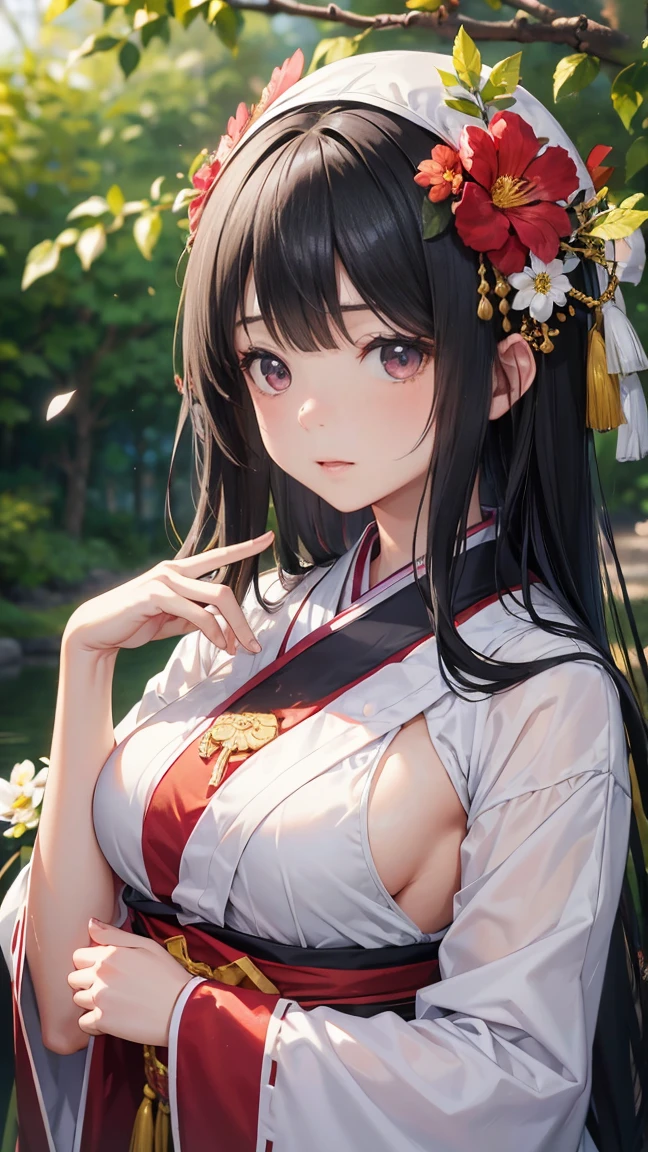 普通ofチェスト、masterpiece、8K wallpapers incorporating highly detailed CG、2人of女of子、、Baby Face、beenuine、Blurred、Blurred_background、Blurred_prospect、branch、梅offlower、depth_of_Field、flower、gem、nose、Realistic、Pale black hair、alone、shrine maiden costume、Hide your fingers、Hide your arms、just wear a bra、(乳首of形分かる)、whole body、Long Hair、Straight bangs、