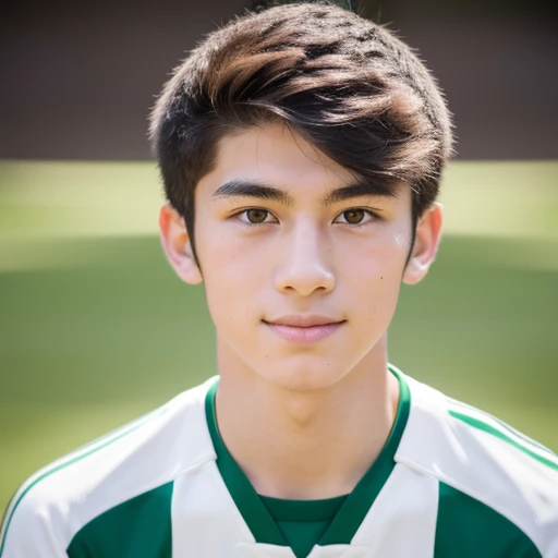 85mm DSLR colour photography of a very detailed headshot fitting all head and hair in frame, centered. 16 year old male, white skin, square jaw, green eyes, asian eyelids, Japanese and Italian soccer player, with long dark Brown hair parted in the center, with a smug smile. Solid white background.
