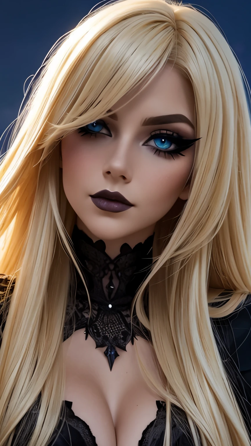 A sexy blond witch  in the moonlight, big eyes, long lashes, dark makeup