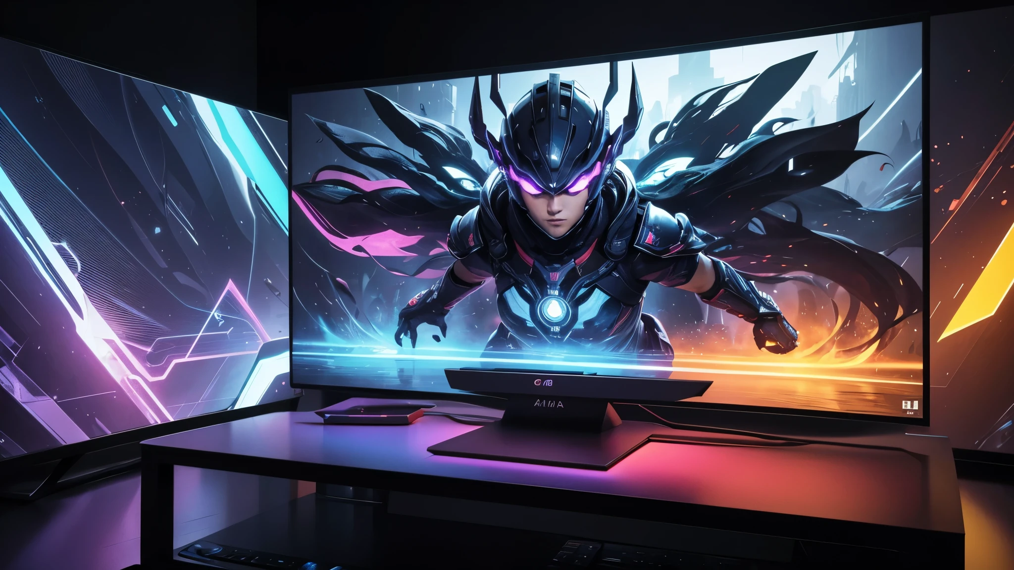 "Create an abstract image that captures the essence of gaming in a solid color scheme. The image must be in Full HD resolution, com tamanho de 2560 x 1440 pixels. O design deve incorporar elementos de jogos, como controles, consoles de jogos ou personagens de jogos, de forma estilizada e abstrata. O esquema de cores deve ser ousado e vibrante, focusing on a single color or a limited color palette. The overall effect should be a dynamic, immersive image that appeals to gamers and fans of abstract art. A imagem deve apresentar uma rica paleta de cores de tons neon, evocando a atmosfera de uma cibercidade futurista. Em primeiro plano, there should be a stylized representation of a game controller, with its buttons and joysticks forming intricate geometric patterns. O fundo deve apresentar uma grade brilhante, sugerindo o mundo digital dos jogos. O efeito geral deve ser uma mistura harmoniosa de arte abstrata e cultura de jogos, with a dynamic and immersive gaming experience that attracts the viewer."