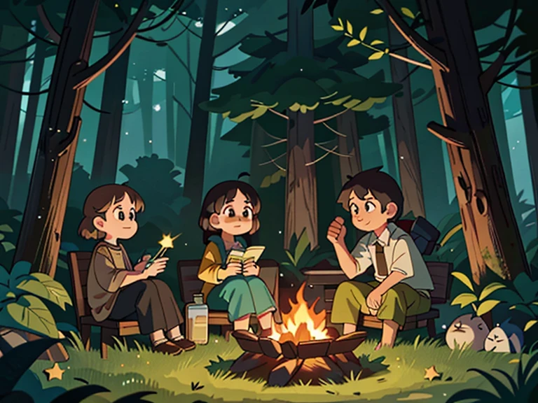 Friendly gatherings around the fire, Nighty night, Dense dark forest, Stars in the sky; many small environmental details, intricate details, high quality textures, High detail, realistic textures, natural light from the fire; beautiful realistic proportional bodies and faces, diverse company; tell stories, Free postures, interaction
