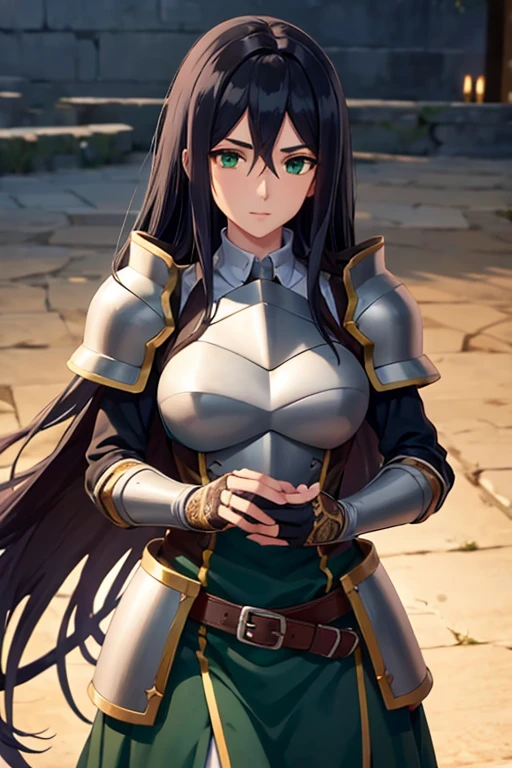 theodoradephilo, theodora dephilo, long hair, black hair, hair between eyes, very long hair, (green eyes:1.3), BREAK gloves, black gloves, belt, fingerless gloves, armor, shoulder armor, breastplate, BREAK outdoors, BREAK looking at viewer, (cowboy shot:1.5), BREAK (masterpiece:1.2), best quality, high resolution, unity 8k wallpaper, (illustration:0.8), (beautiful detailed eyes:1.6), extremely detailed face, perfect lighting, extremely detailed CG, (perfect hands, perfect anatomy),
