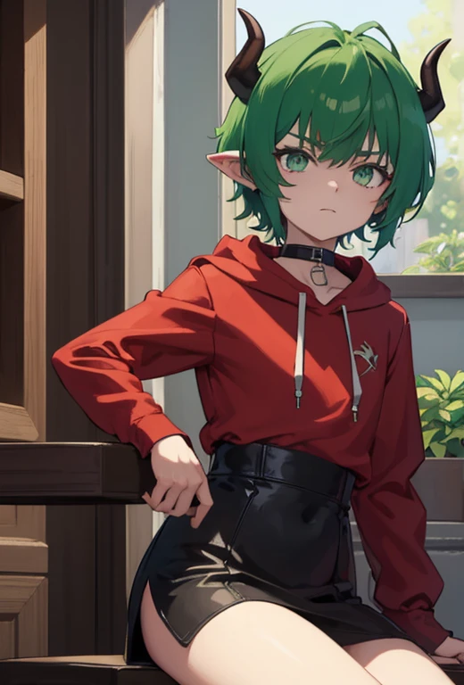 (Superior Quality, Masterpiece: 1.2), 1 boy, horned, animated, green hair, rosy bangs, emerald eyes, horns, purple theme, gazing at the audience, hoodie, leather jacket, red shirt, pointed ears, little devil, solo, wearing a shirt, short curly hair.