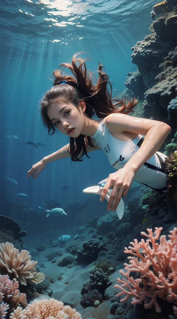 deep sea, coral reef, freediving, white wetsuit, night diving, moonlight, weightlessness, ((highest quality, 8k, masterpiece: 1.3)), low angle, backlit, single woman, longhair, swim with dolphins, underwater photography, underwater perspective, underwater floating, sleeveless