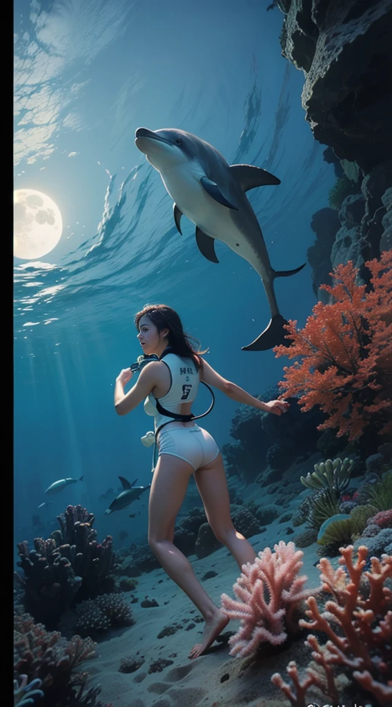 deep sea, coral reef, freediving, white wetsuit, night diving, moonlight, weightlessness, ((highest quality, 8k, masterpiece: 1.3)), low angle, backlit, single woman, longhair, swim with dolphins, underwater photography, underwater perspective, underwater floating, sleeveless