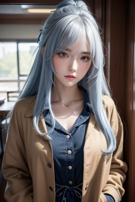 Anime Style、White skin、White Hair、Blue streaks at the end of the hair、Upward-facing eyes、Blue streaks at the end of the hair、Blue streaks at the end of the hair、Large and noticeable、dark、Female、高周波detailed (((Sharpness) ))) ))、((Sharp Focus: 1.2)Face_v1: 0.7) hand、Best Design High Resolution Wallpaper、Original High Resolution、Bare legs、Exposed breasts、(Work - Masterpiece - Masterpiece: 1 、 two ）。 detailed: Close-up of dress on mannequin with jacket、brown outfit、Brown jacket、Jacketed cropped shirt、長袖付きBrown jacket、classic atmosphere、Short skirt and long jacket、gray、layer、🍂 cute、Short jacket、Brown tones、Inspired by the new Stampy Brown、Inspire、detailedな服、Earth Colors、Adult women、night、Inside the apartment、Wearing makeup and lipstick