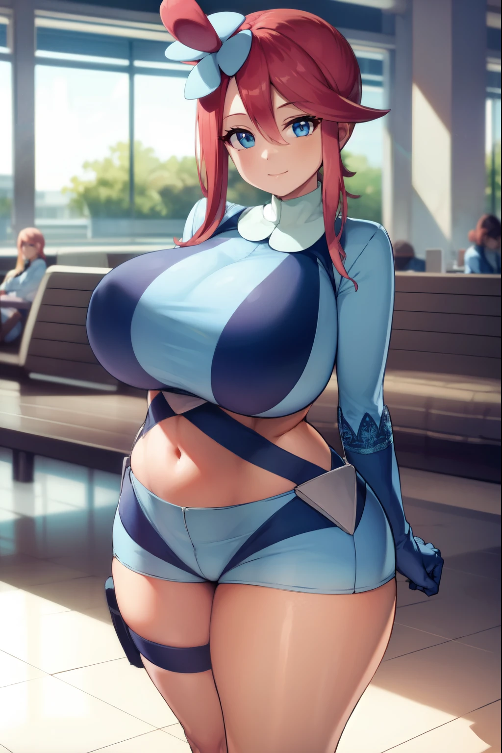 pokemonskyla, pokemonskyla, blue eyes, hair ornament, one side up, red hair, short hair with long locks, sidelocks,
BREAK blue footwear, blue gloves, blue jacket, blue shorts, boots, crop top, cropped jacket, gloves, jacket, midriff, navel, short shorts, shorts, thigh pouch,
BREAK looking at viewer, cowboy shot,
BREAK indoors, airport,
BREAK (masterpiece:1.2), best quality, high resolution, unity 8k wallpaper, (illustration:0.8), (beautiful detailed eyes:1.6), extremely detailed face, perfect lighting, extremely detailed CG, (perfect hands, perfect anatomy), huge breasts, thick, chubby, standing, smile