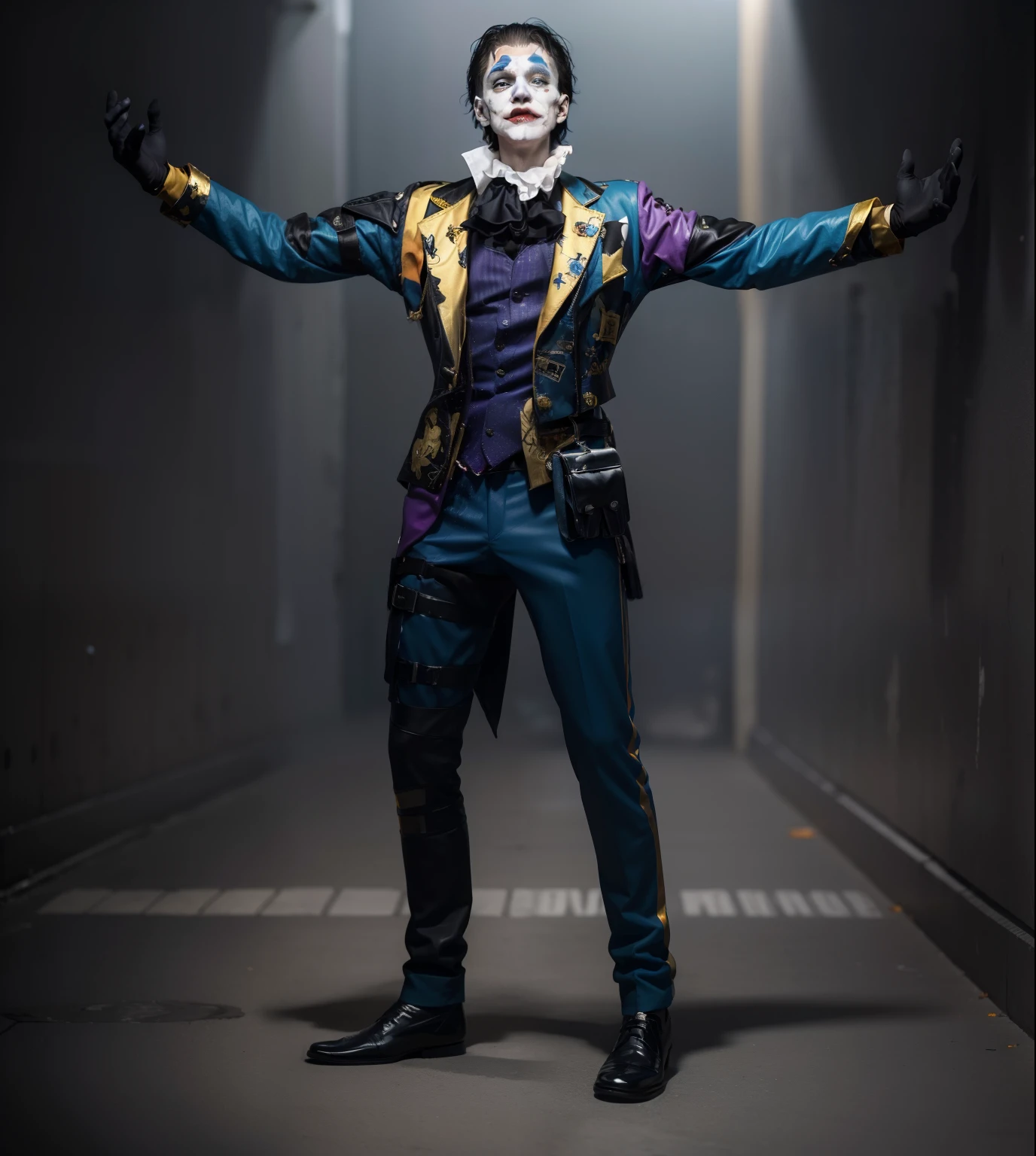 absolute redrawing absolute copy of the Joker's face in white gloves on his hands keep the gold colors keep the blue colors keep the black colors do not change Ultra quality 8K on the Joker's face make-up save the orange diamonds on the jacket