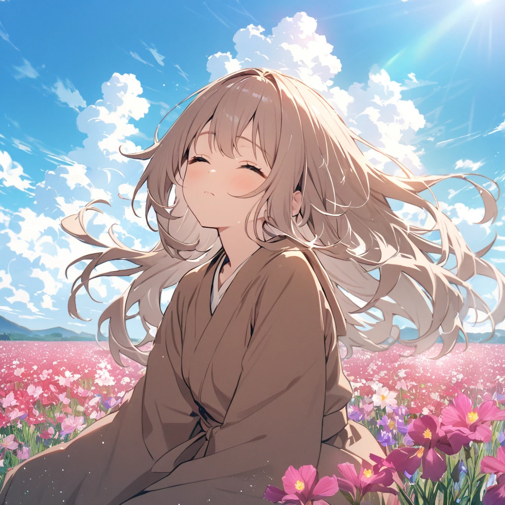 (highest quality, masterpiece), Turquoise Screen Filter, (One girl, alone, Brown robes, expression, look up, Sitting, Wide sleeves, Iris, Mouth closed, Long Hair, Cowboy Shot), (sunny, Cosmos field, cloud),