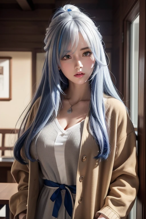 Anime Style、White skin、White Hair、Blue streaks at the end of the hair、Upward-facing eyes、Blue streaks at the end of the hair、Blue streaks at the end of the hair、Large and noticeable、dark、Female、高周波detailed (((Sharpness) ))) ))、((Sharp Focus: 1.2)Face_v1: 0.7) hand、Best Design High Resolution Wallpaper、Original High Resolution、Bare legs、Exposed breasts、(Work - Masterpiece - Masterpiece: 1 、 two ）。 detailed: Close-up of dress on mannequin with jacket、brown outfit、Brown jacket、Jacketed cropped shirt、長袖付きBrown jacket、classic atmosphere、Short skirt and long jacket、gray、layer、🍂 cute、Short jacket、Brown tones、Inspired by the new Stampy Brown、Inspire、detailedな服、Earth Colors、Adult women、night、Inside the apartment、Wearing makeup and lipstick