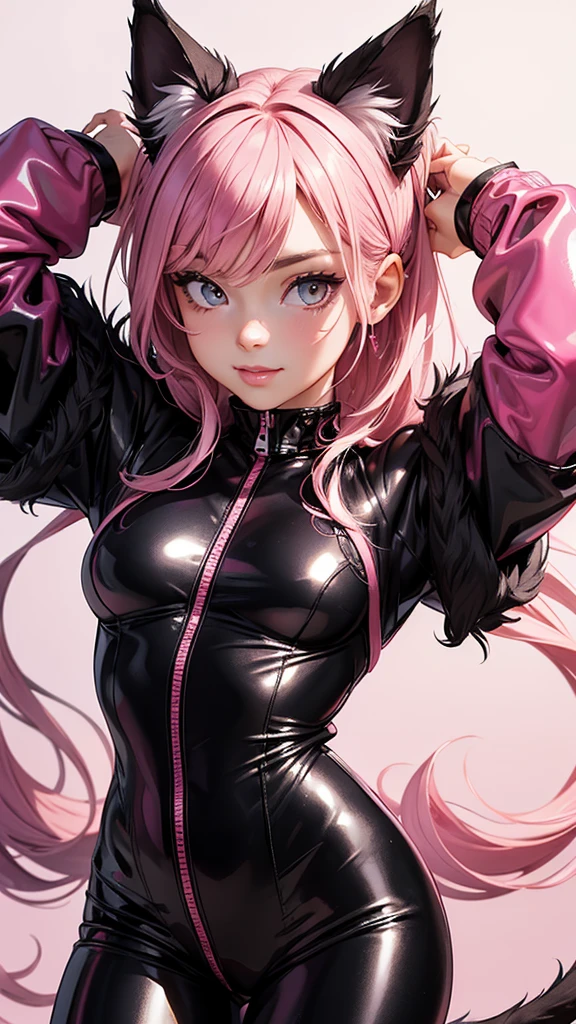 (high resolution, upper body, soft skin:1.2),(best illustration,masterpiece:1.2),ultra-detailed,[(cat ears,black fur,pink inside:1.2),vivid colors,sharp focus,portrait,studio lighting,bokeh, wearing a pink latex jumpsuit unzip to the chest, latex boots, full body portrait, smiling, arms behind head