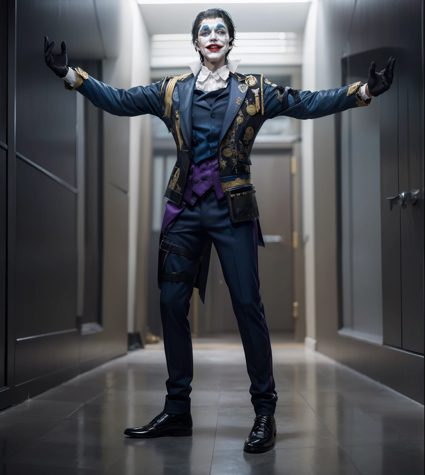absolute redrawing absolute copy of the face laughs the face of the Joker in white gloves on his hands keep the gold colors keep the blue colors keep the black colors do not change Ultra quality 8k on the Joker's grimm face